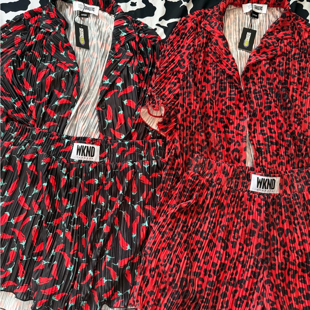 WKND CHASERS Red & Black Pleated 2 piece outfits shorts sets- 2 Styles SIZE L